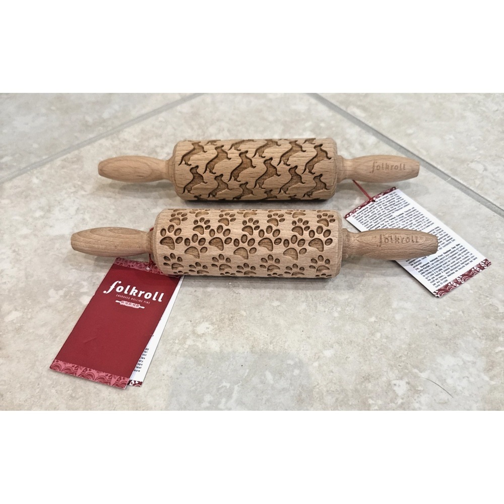 NWT 2 Folk Roll Beech Engraved Rolling Pins Dachshund Paw Prints Cookie Dough 9"
